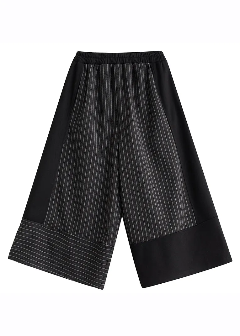 2024 New Black Striped Patchwork Elastic Waist Woolen Wide Leg Pants Spring