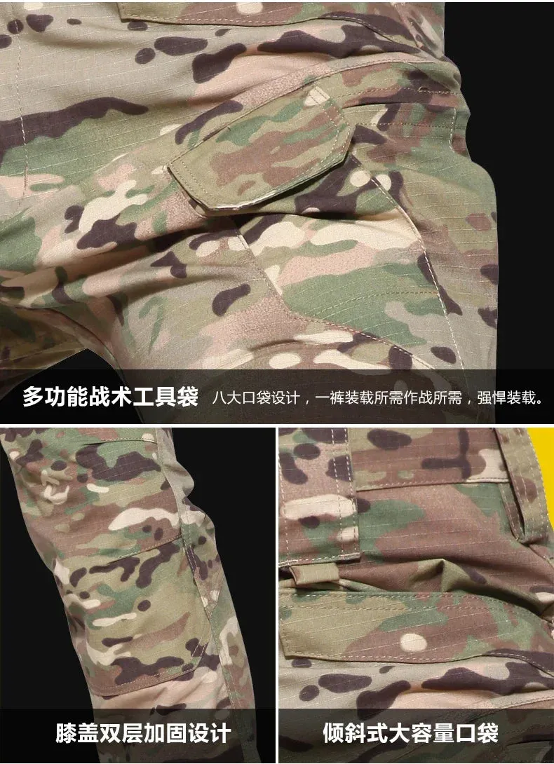 Autumn Training Suit Men Outdoor Durable Breathable T-shirt Cargo Pants Set Waterproof Suits Multiple Pockets Camo 2 Pcs Set