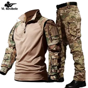 Autumn Training Suit Men Outdoor Durable Breathable T-shirt Cargo Pants Set Waterproof Suits Multiple Pockets Camo 2 Pcs Set