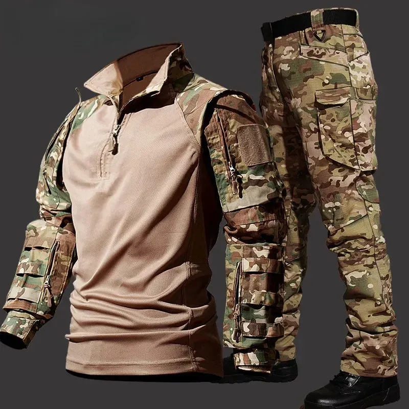 Autumn Training Suit Men Outdoor Durable Breathable T-shirt Cargo Pants Set Waterproof Suits Multiple Pockets Camo 2 Pcs Set