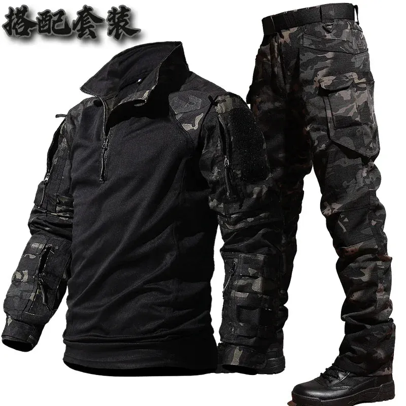 Autumn Training Suit Men Outdoor Durable Breathable T-shirt Cargo Pants Set Waterproof Suits Multiple Pockets Camo 2 Pcs Set