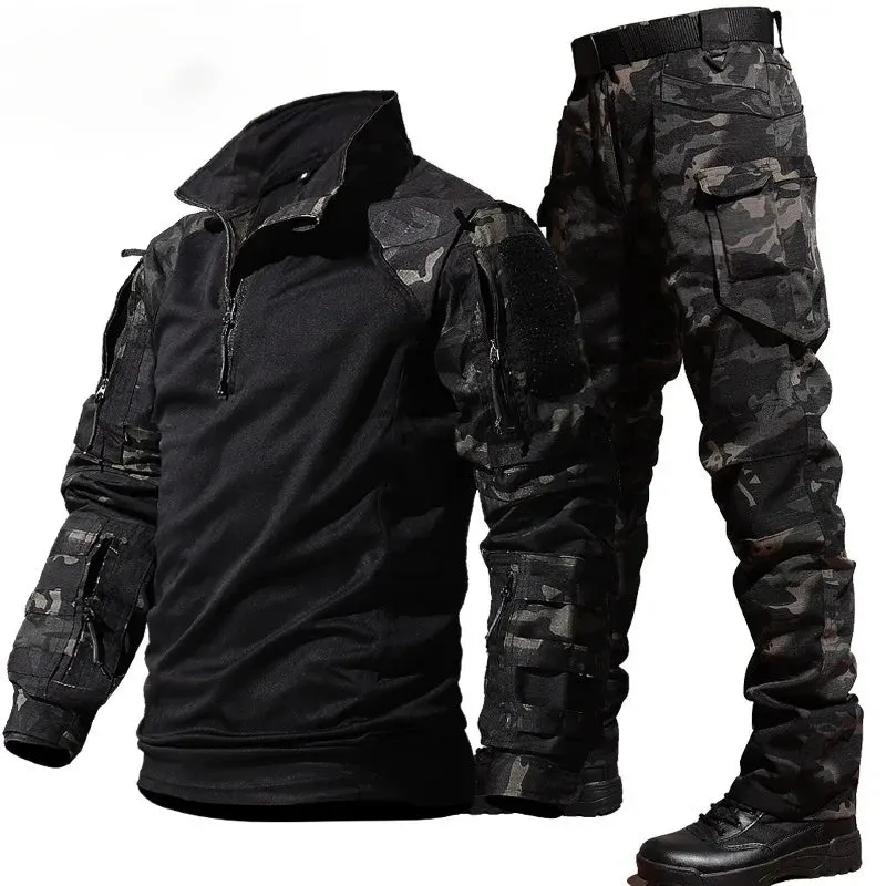 Autumn Training Suit Men Outdoor Durable Breathable T-shirt Cargo Pants Set Waterproof Suits Multiple Pockets Camo 2 Pcs Set