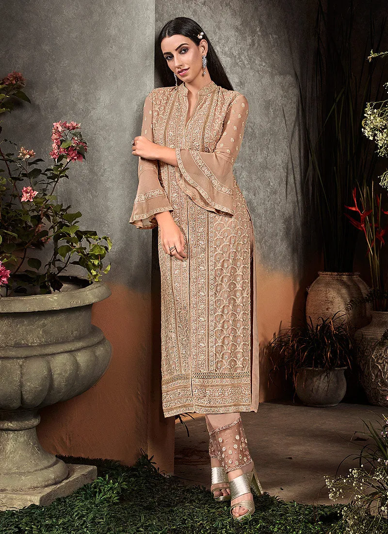 Biscuit Beige Embroidered Pakistani Pant Suit