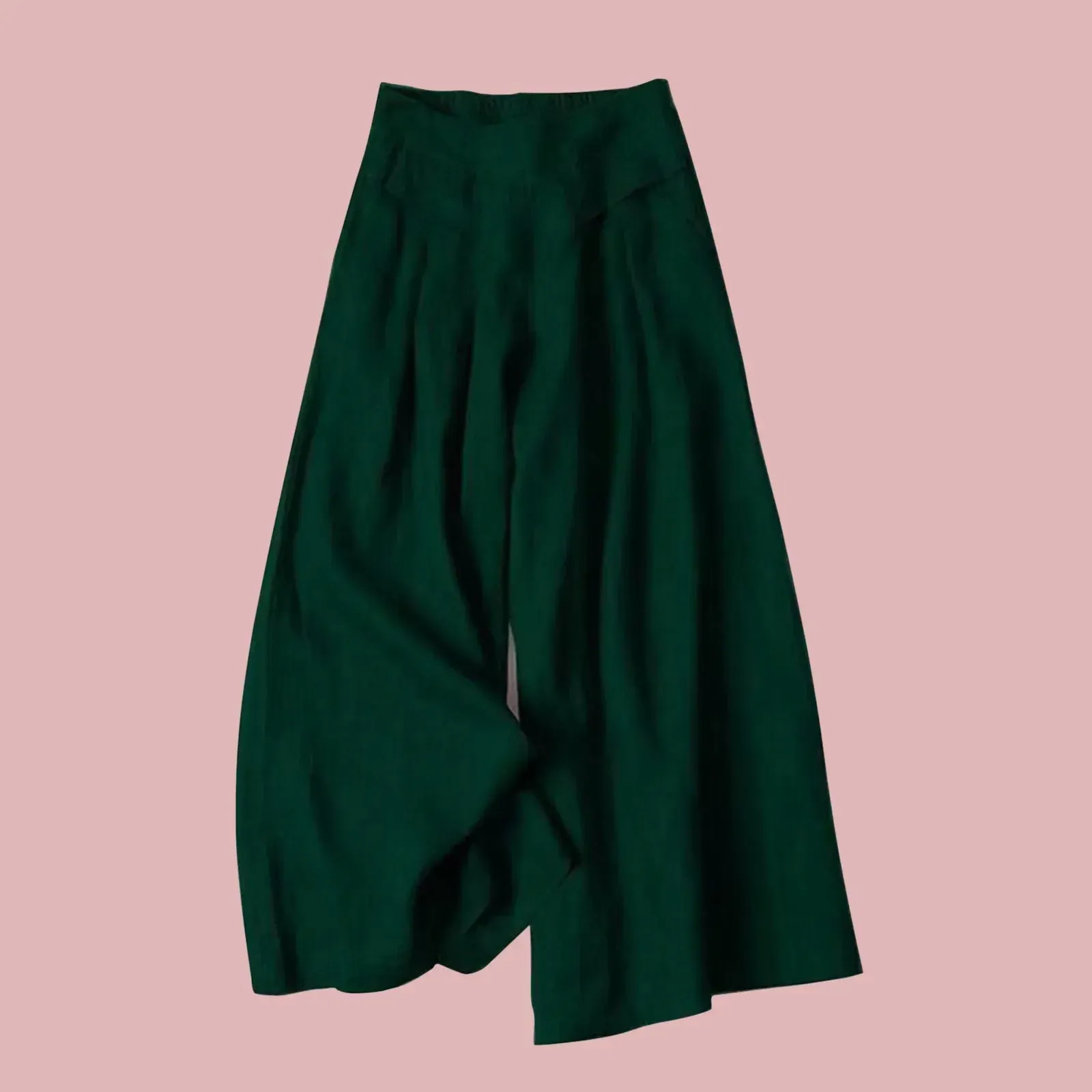 Elegant Elastic High Waist Green Cotton Linen Loose Wide ECasual With Pocket Women's Pants