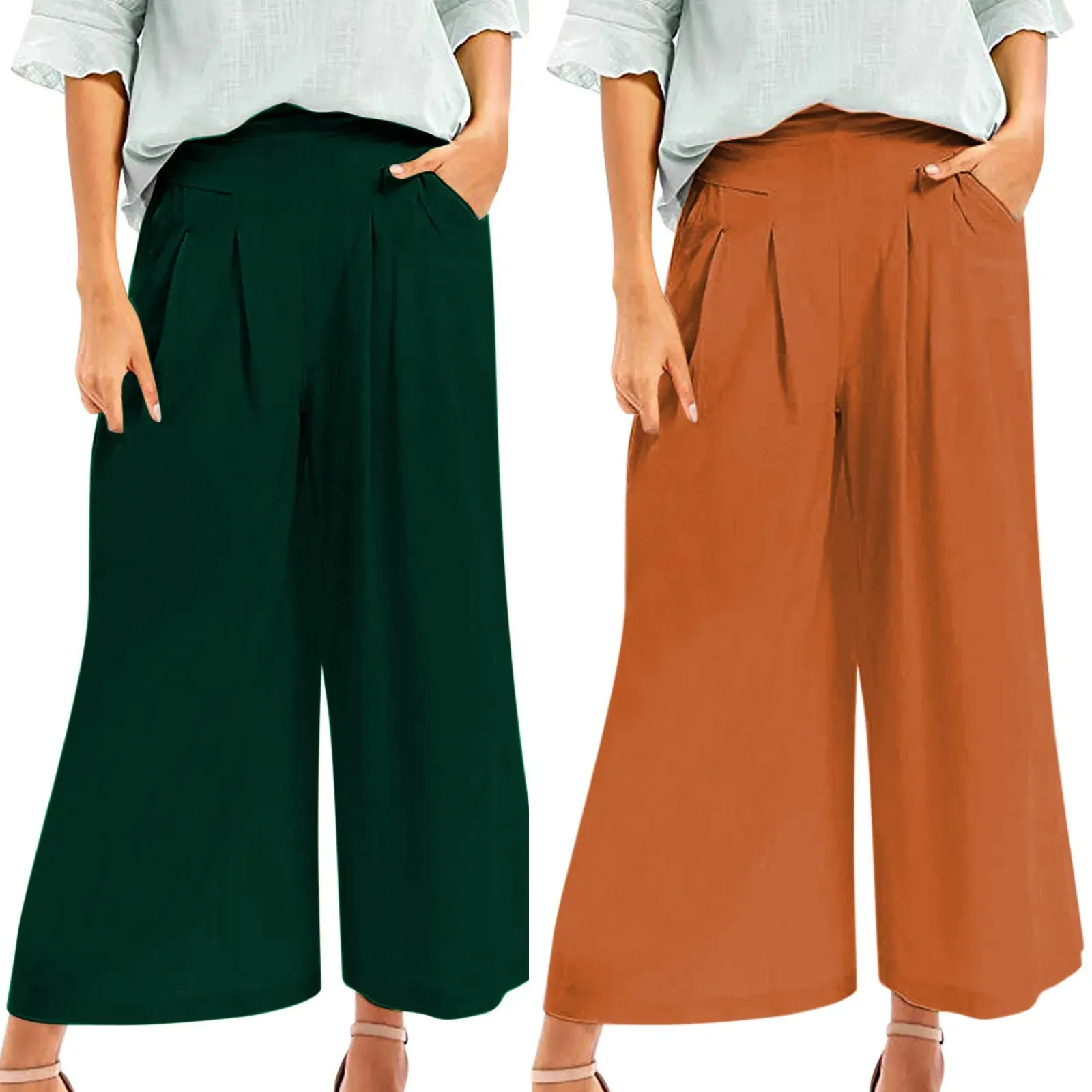 Elegant Elastic High Waist Green Cotton Linen Loose Wide ECasual With Pocket Women's Pants