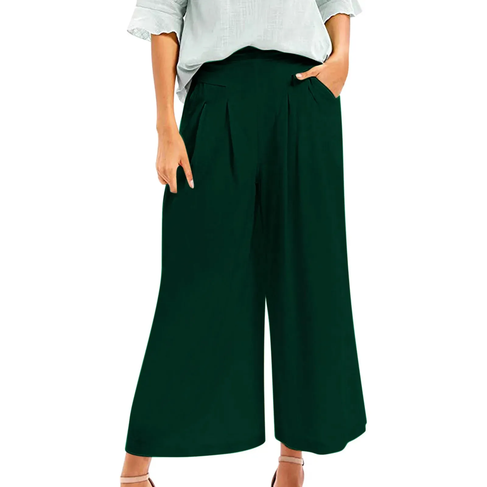 Elegant Elastic High Waist Green Cotton Linen Loose Wide ECasual With Pocket Women's Pants