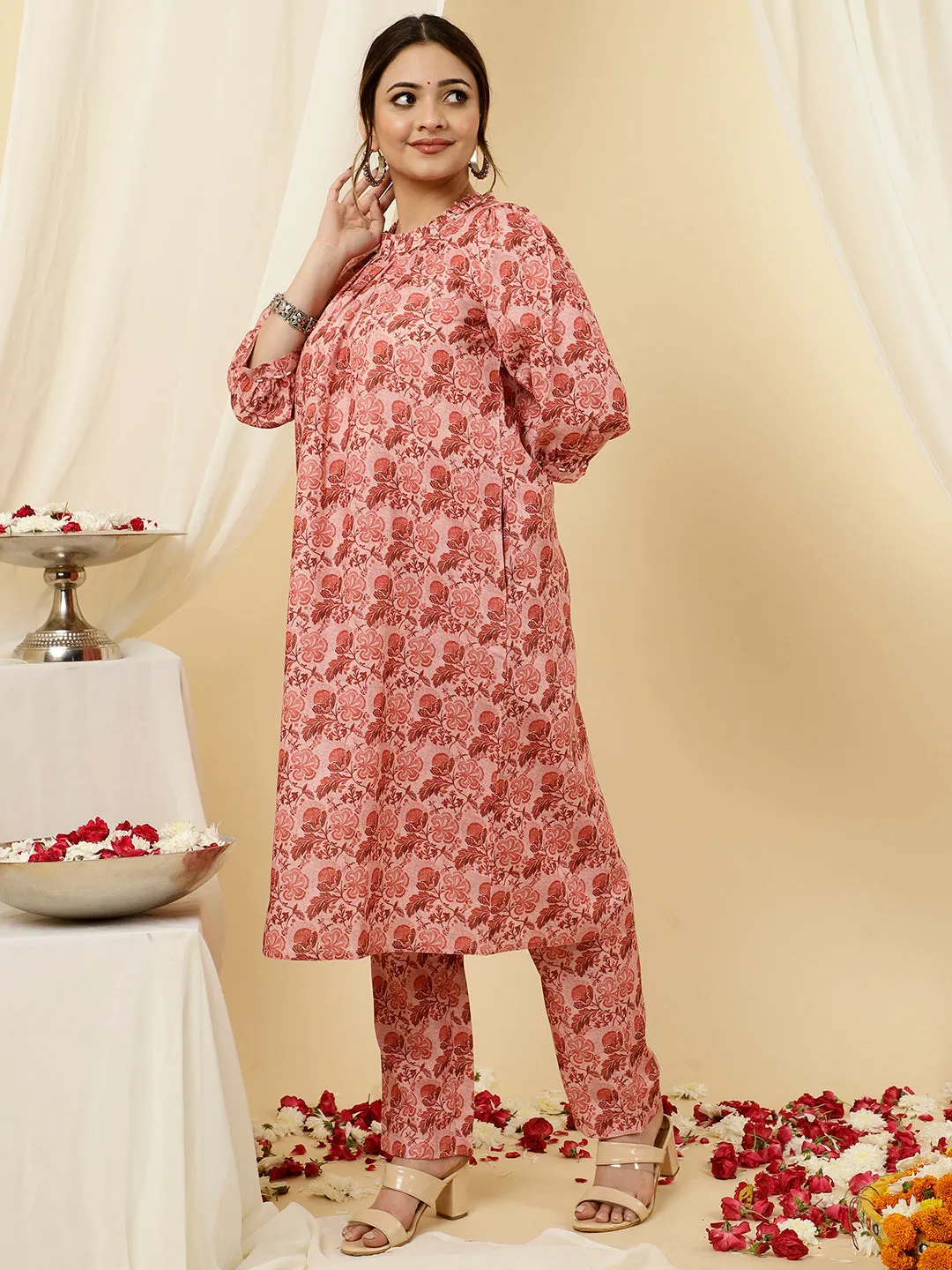 Floral Peach Loose Fit Kurta with Pants