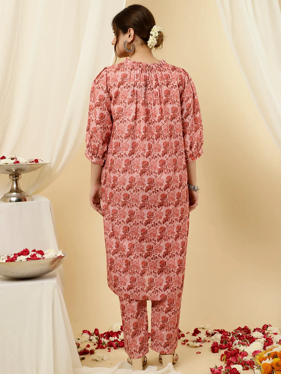 Floral Peach Loose Fit Kurta with Pants