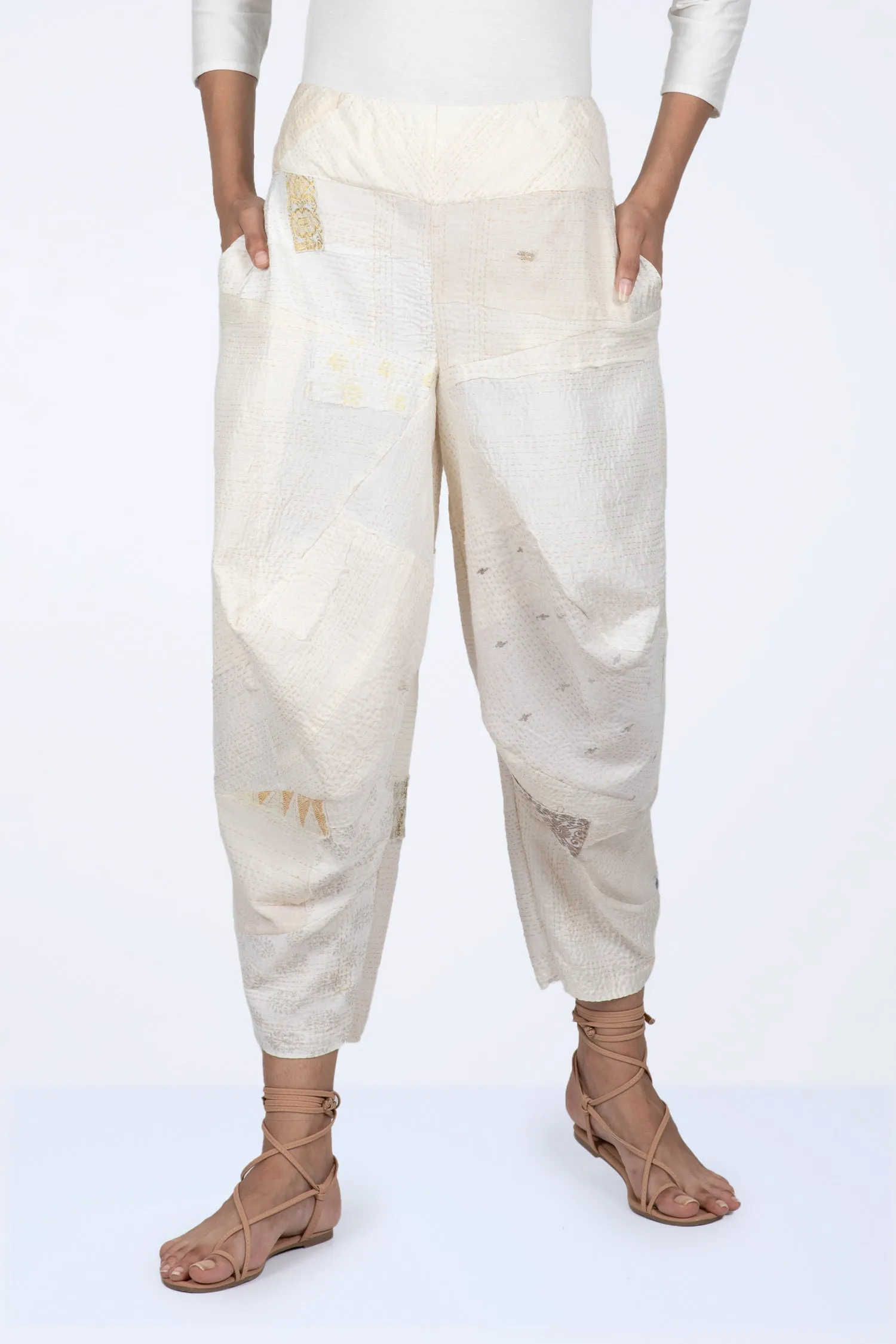 FRAYED PATCH KANTHA YAMAHA PANTS - fi2632-ivy -