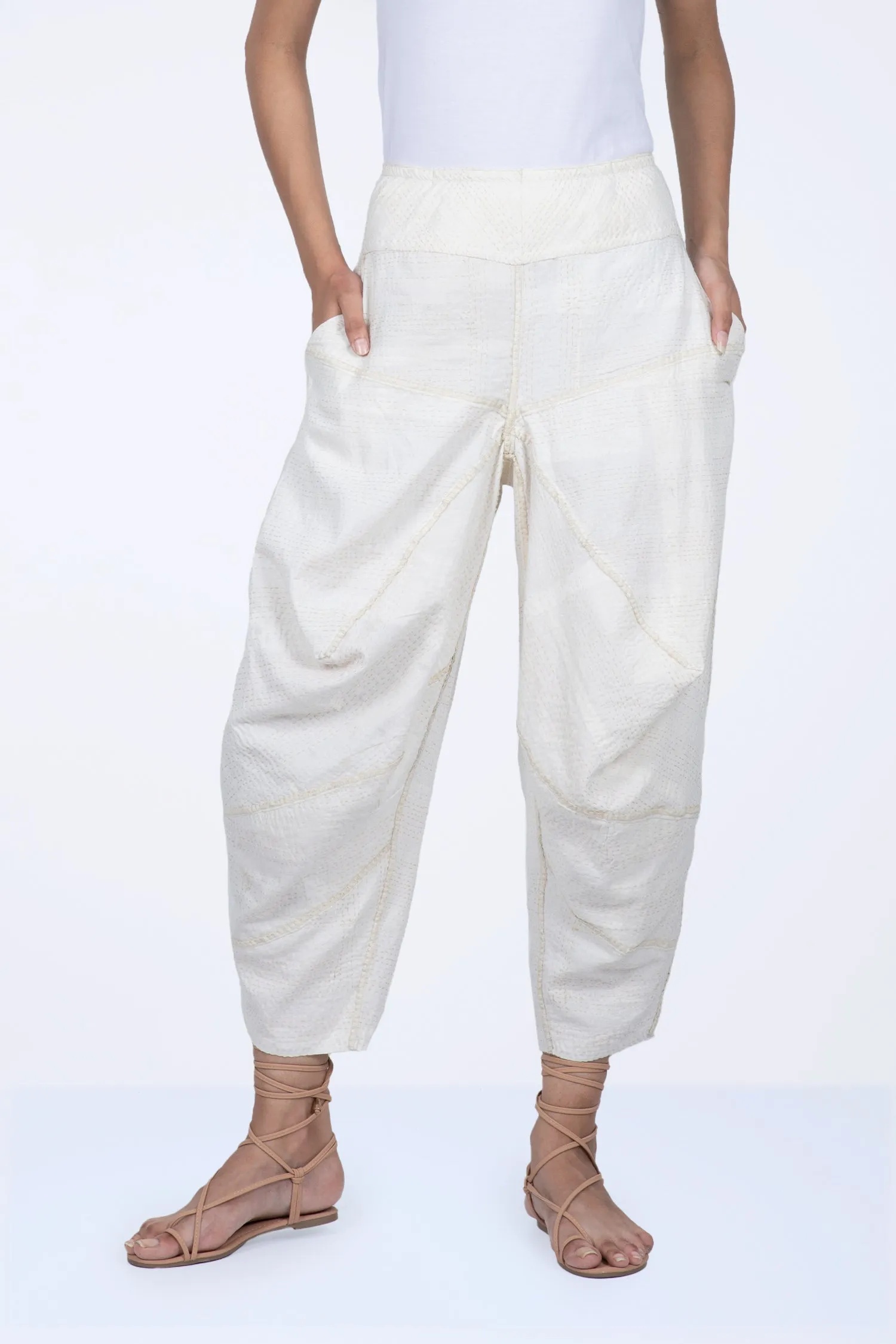 FRAYED PATCH KANTHA YAMAHA PANTS - fi2632-ivy -