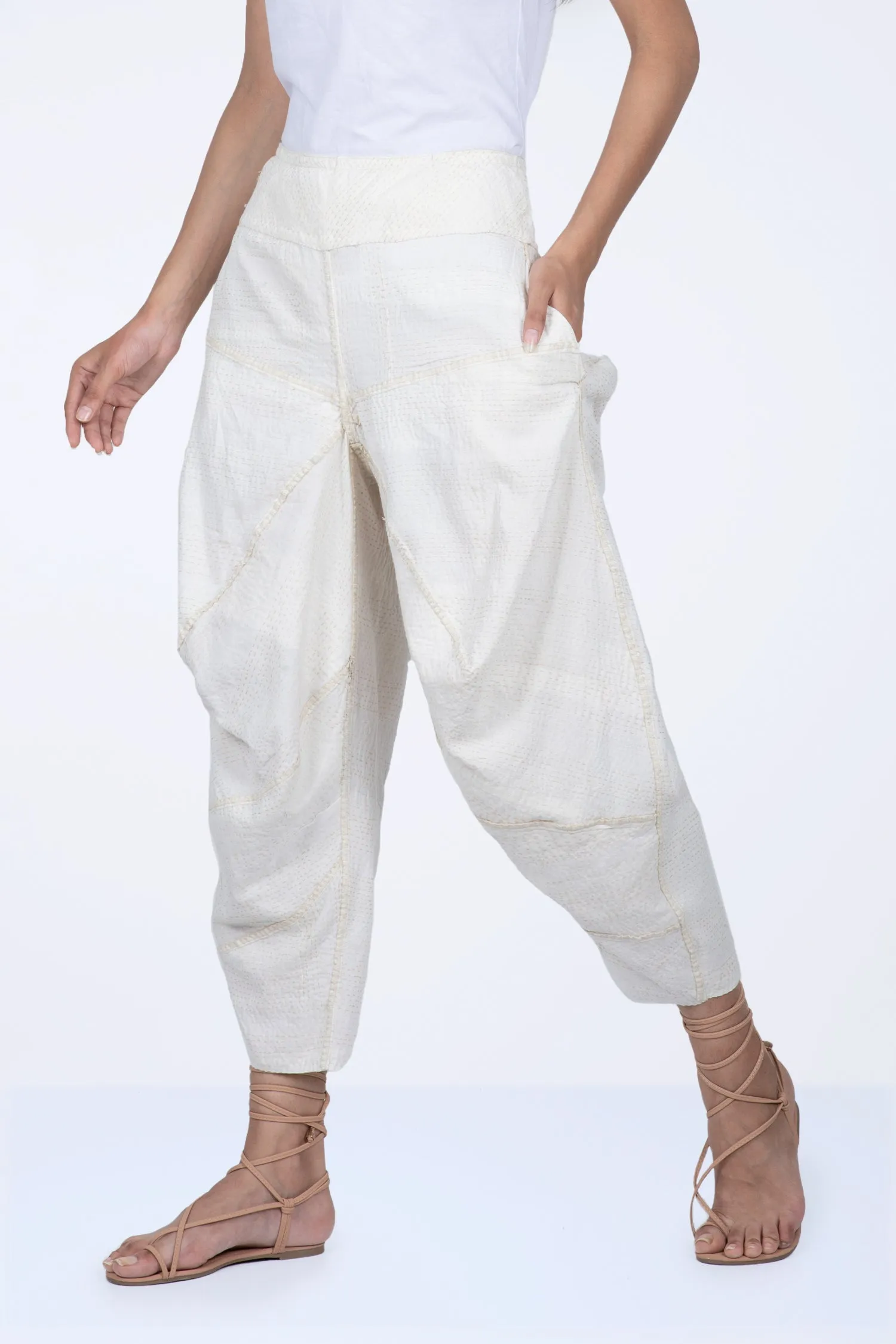 FRAYED PATCH KANTHA YAMAHA PANTS - fi2632-ivy -