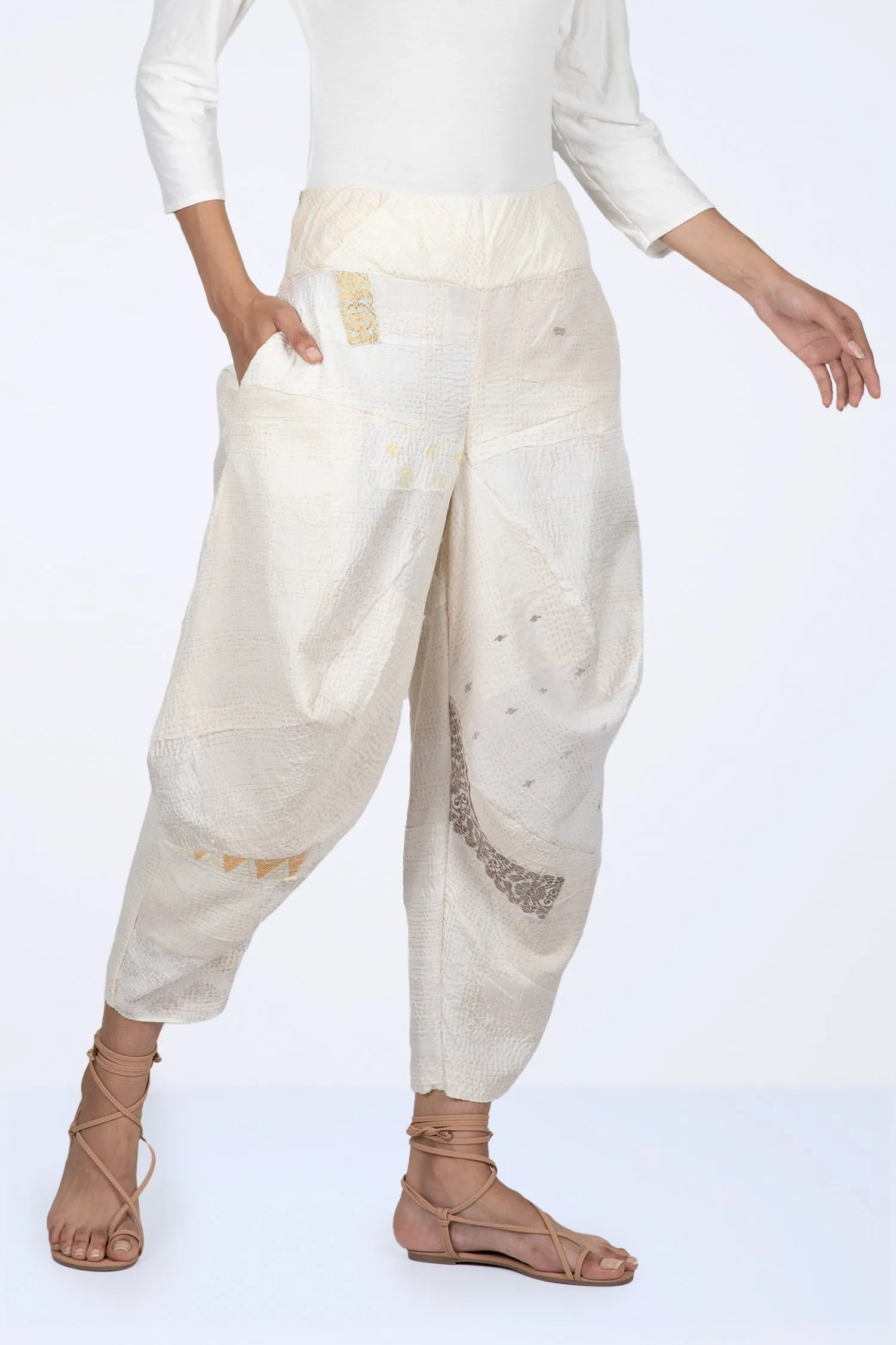 FRAYED PATCH KANTHA YAMAHA PANTS - fi2632-ivy -