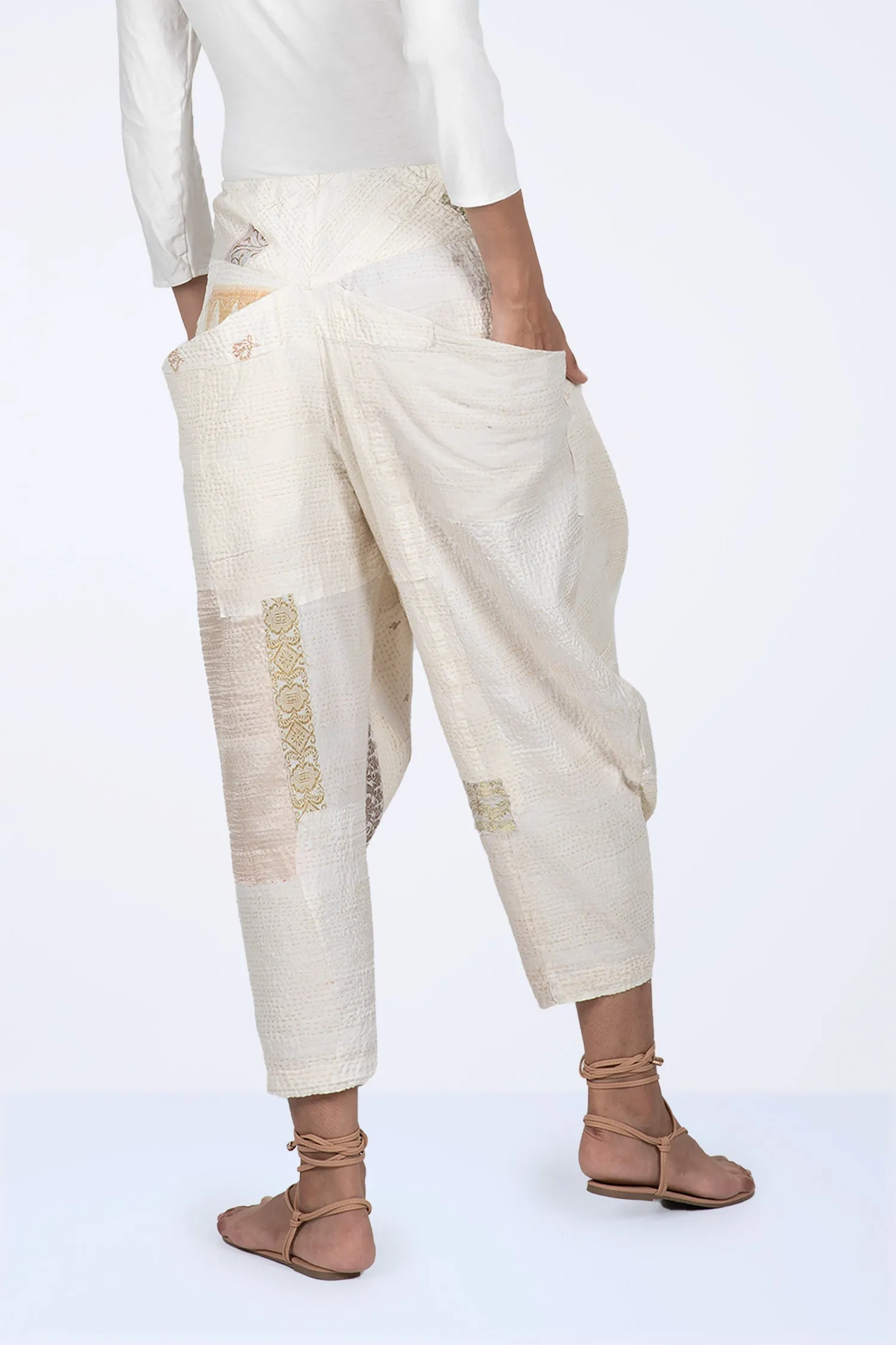 FRAYED PATCH KANTHA YAMAHA PANTS - fi2632-ivy -