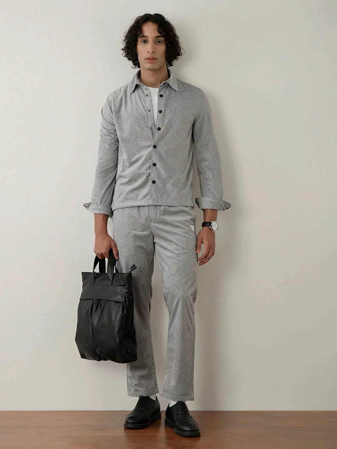 Grey Corduroy-Jacquard Pants