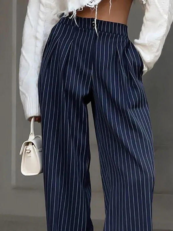 High Waisted Wide Pants Buttoned Striped Pants Trousers