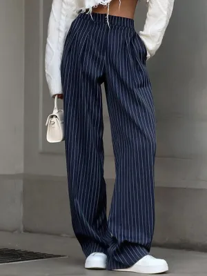 High Waisted Wide Pants Buttoned Striped Pants Trousers