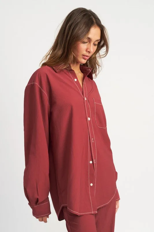 Hot Girl Chloe Contrast Stitch Button Down Long Sleeve Shirt