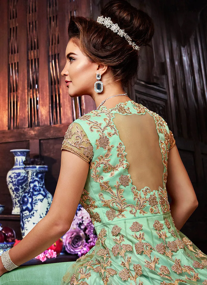 Light Green Golden Anarkali Style Lehenga/Pants Suit