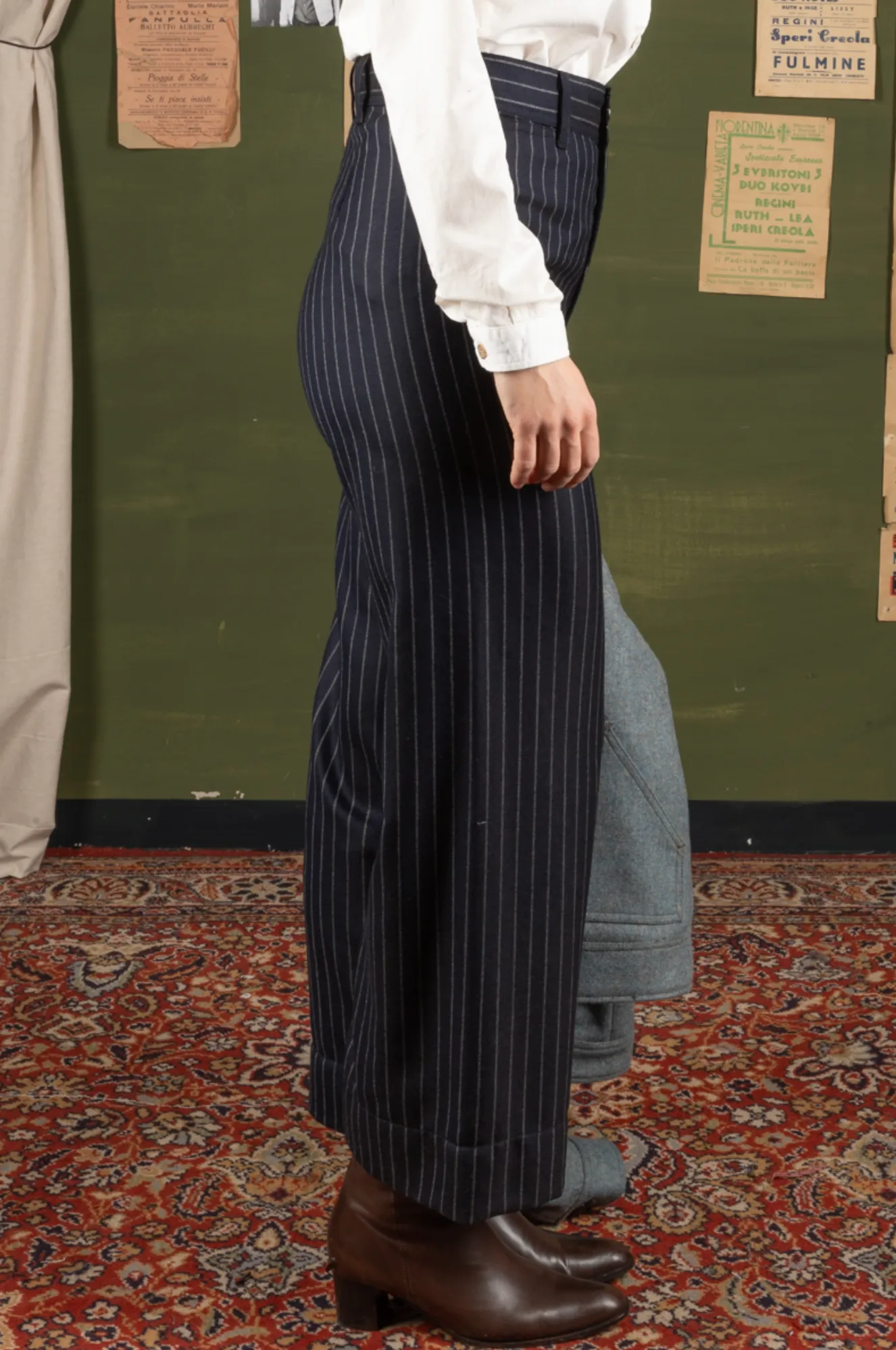 Light Weight Wool Wide Leg Pants - Chalk Stripe  -  28, 30