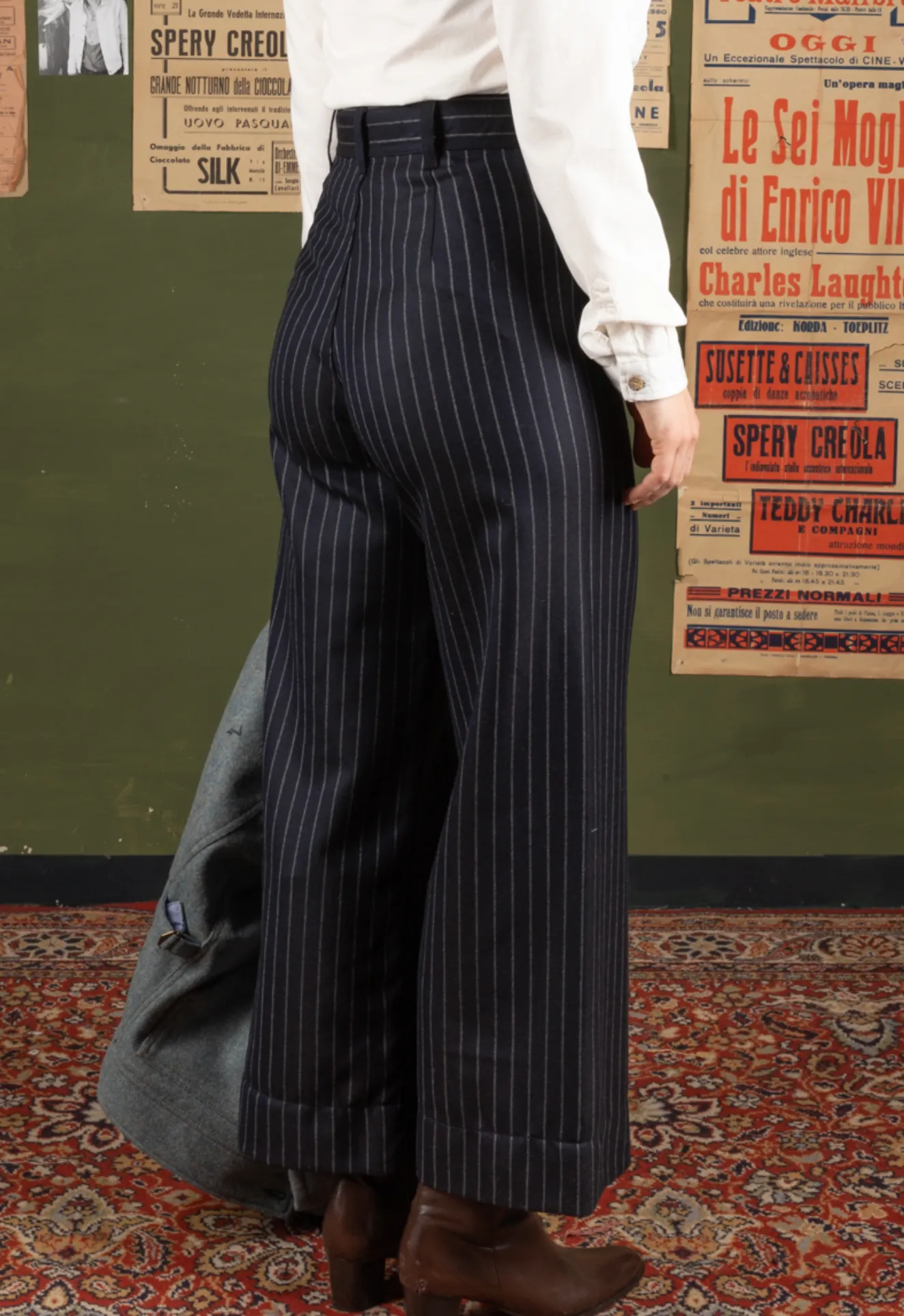 Light Weight Wool Wide Leg Pants - Chalk Stripe  -  28, 30