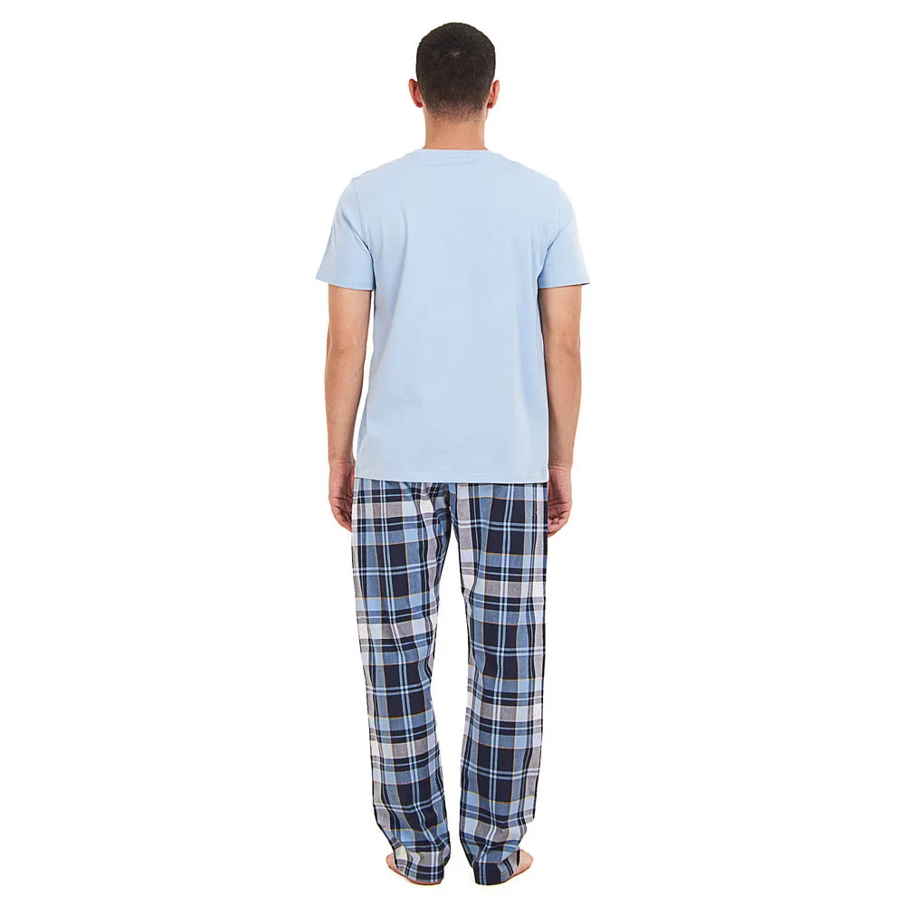 Men summer pajama set Light Blue T-shirt   Light Blue x Dark Blue Checkered Pants