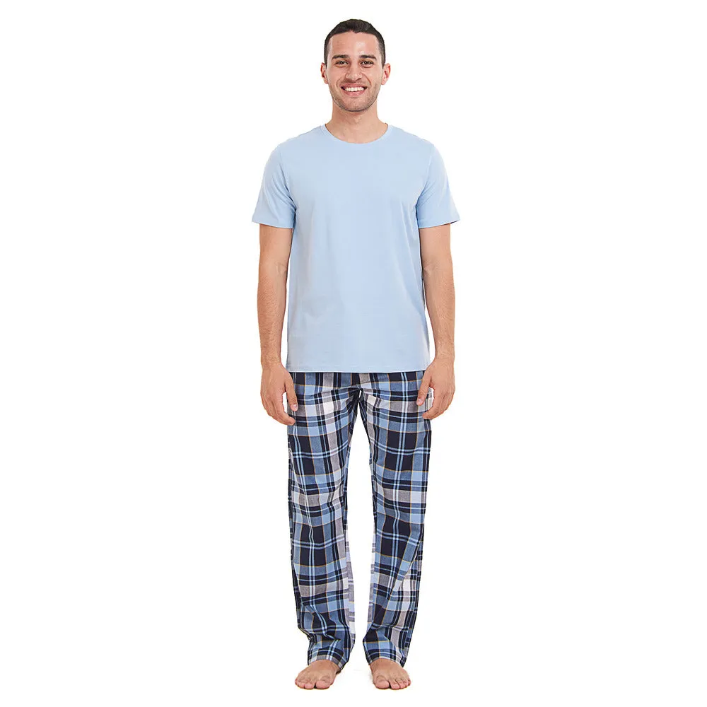 Men summer pajama set Light Blue T-shirt   Light Blue x Dark Blue Checkered Pants