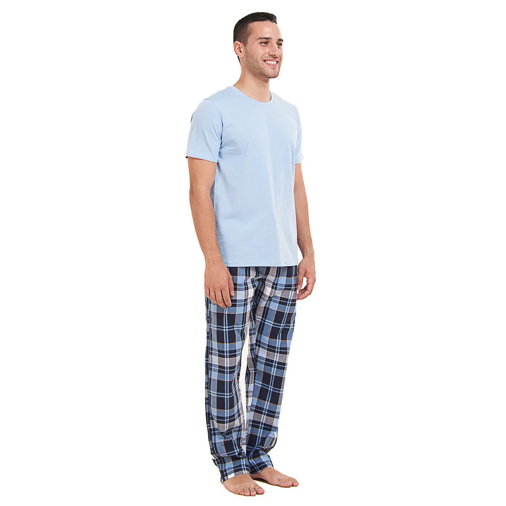 Men summer pajama set Light Blue T-shirt   Light Blue x Dark Blue Checkered Pants