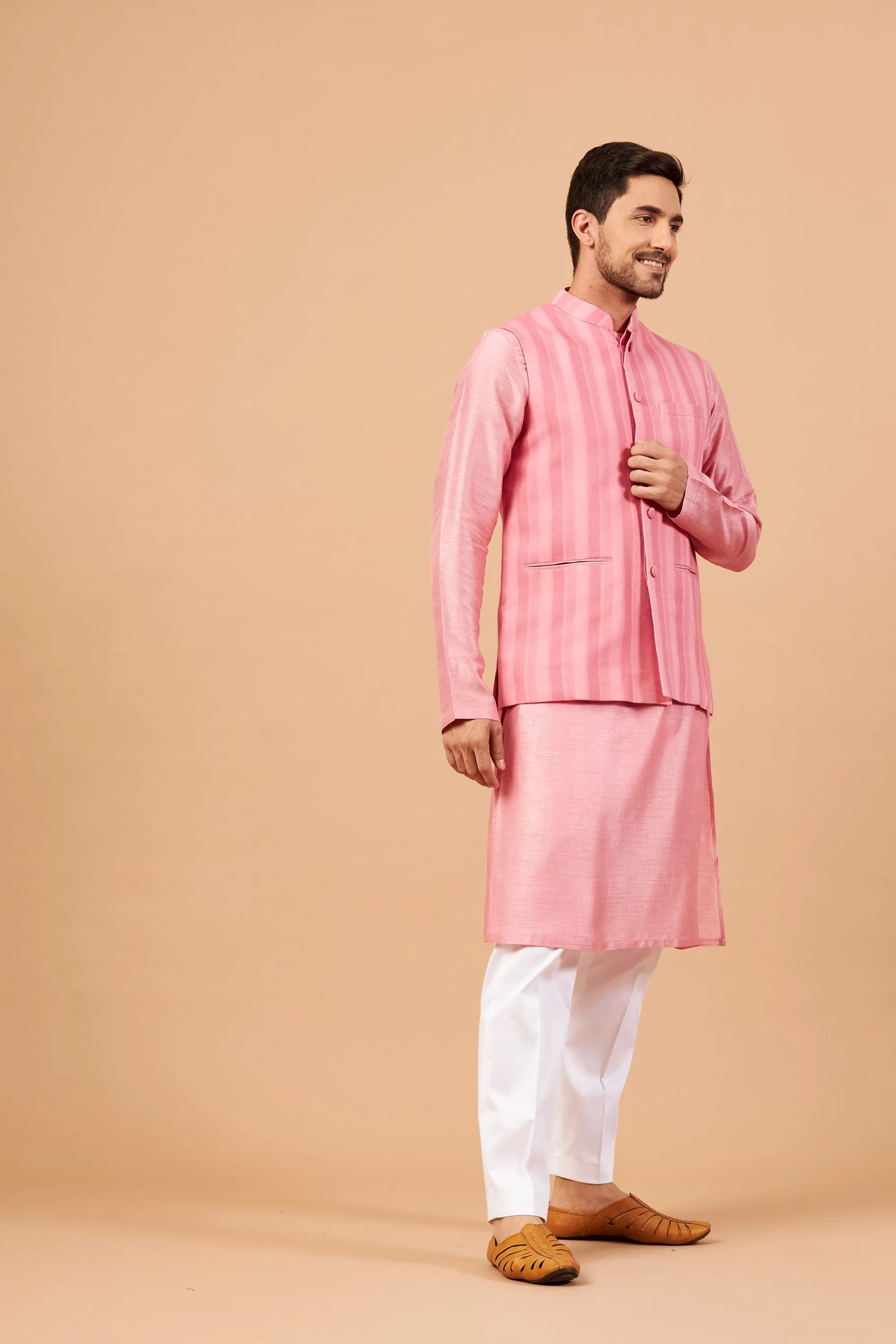 Men's Pink Color Nehru Jacket With Kurta Pant Set - Hilo Design