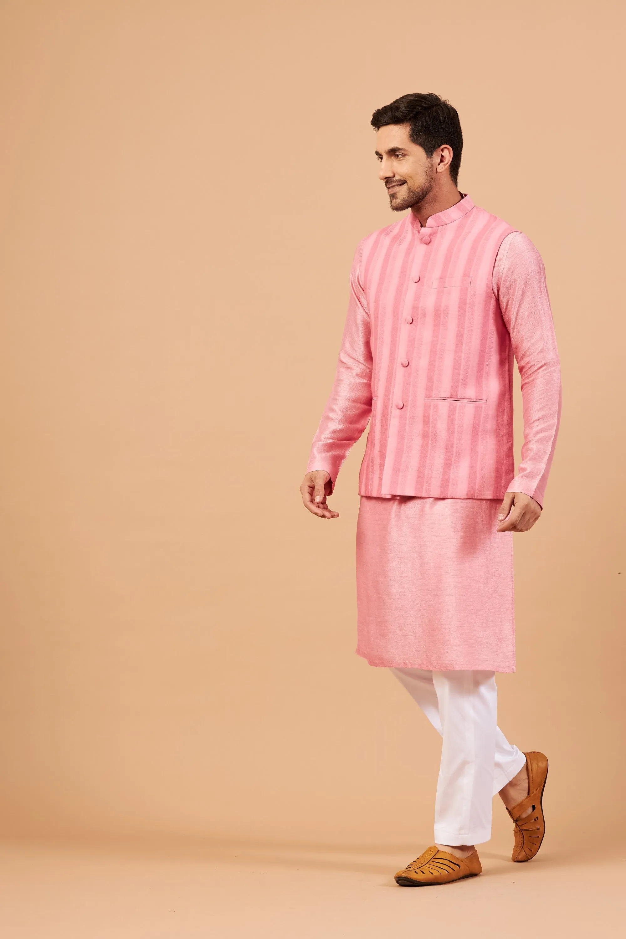 Men's Pink Color Nehru Jacket With Kurta Pant Set - Hilo Design