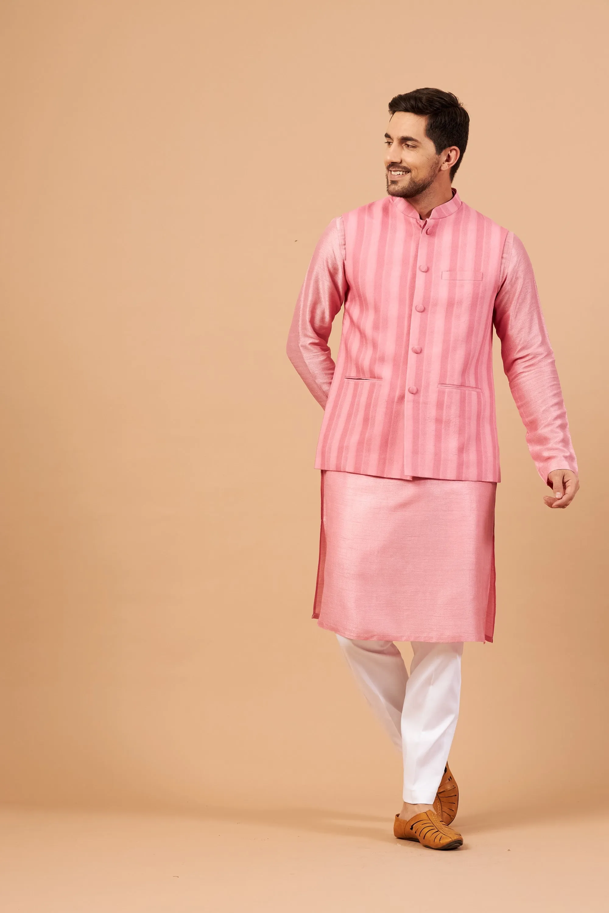 Men's Pink Color Nehru Jacket With Kurta Pant Set - Hilo Design