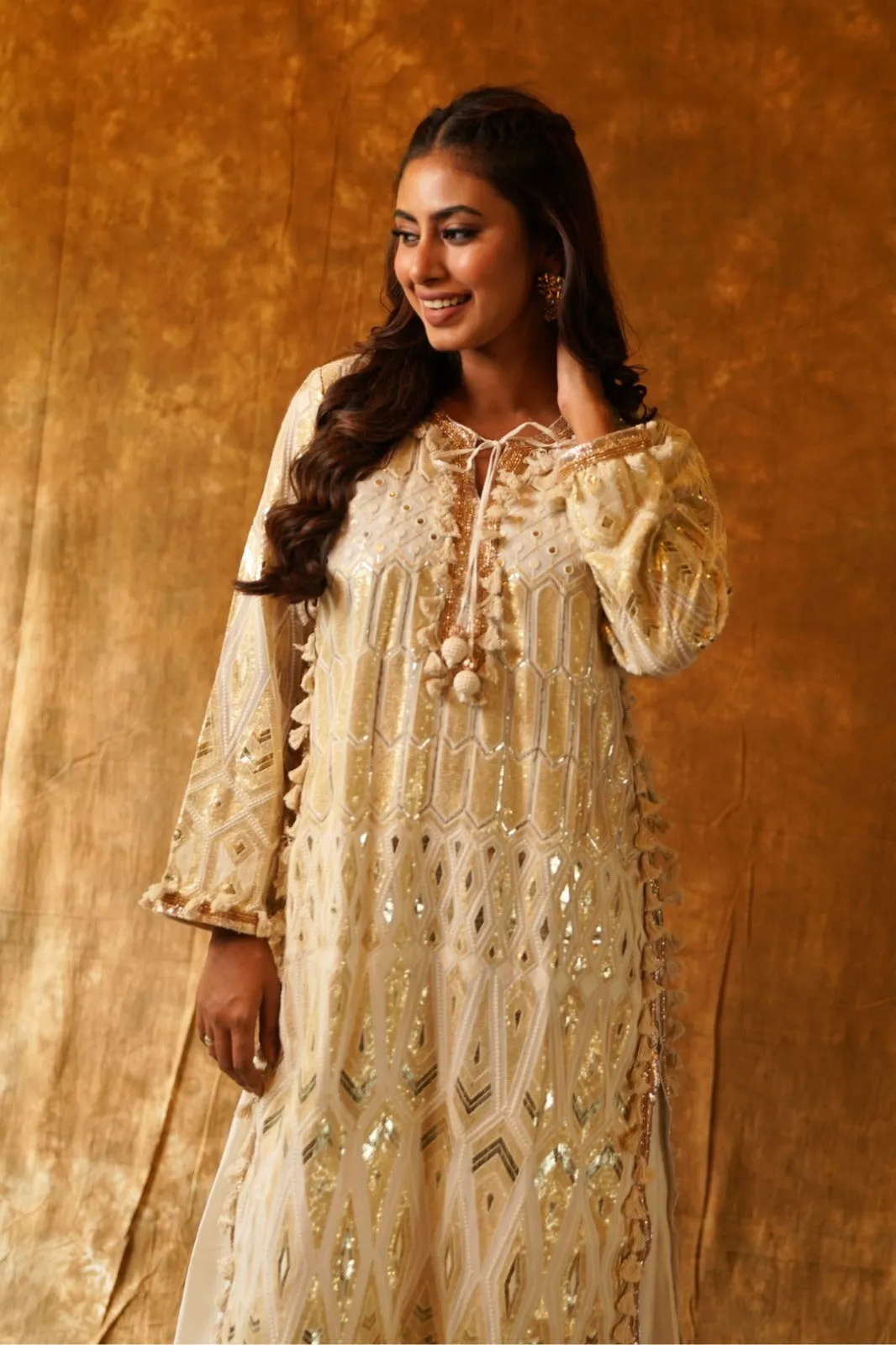 Regal Cream Dream: High-Slit Kurta with Tassels & Palazzo Pants