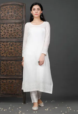 Set of 2: White Embroiderd Kurti And White Pants