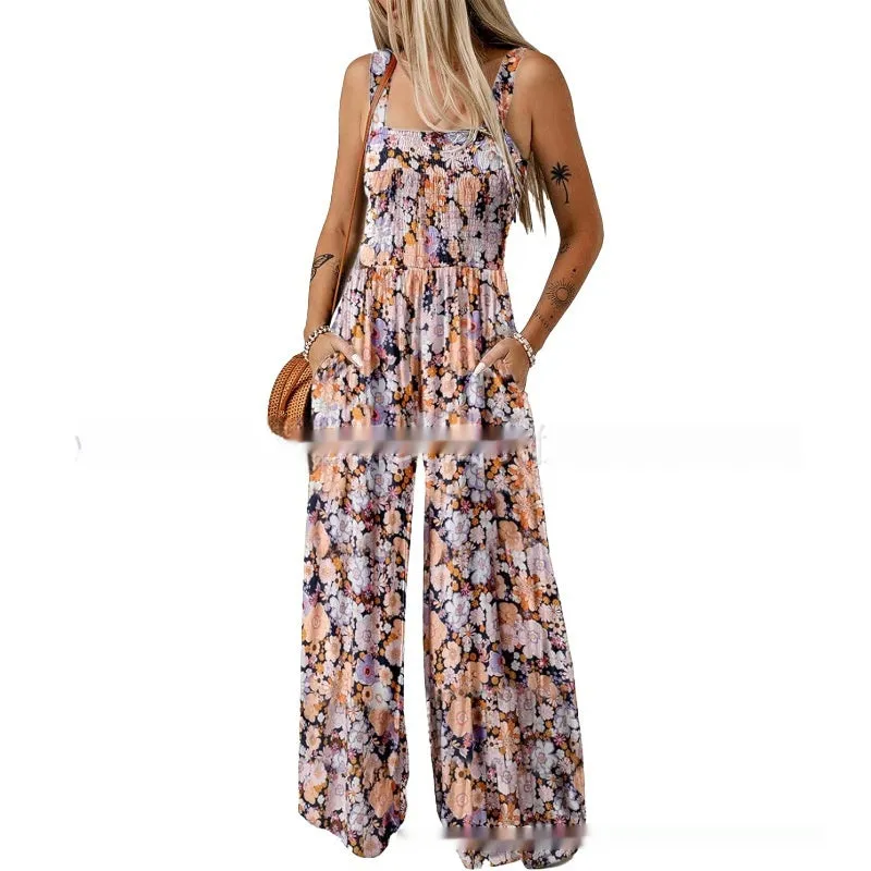 Spaghetti-strap Floral Print Overalls