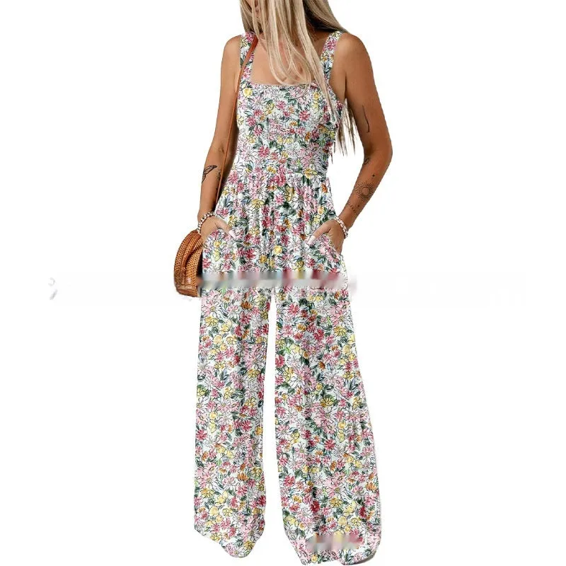 Spaghetti-strap Floral Print Overalls