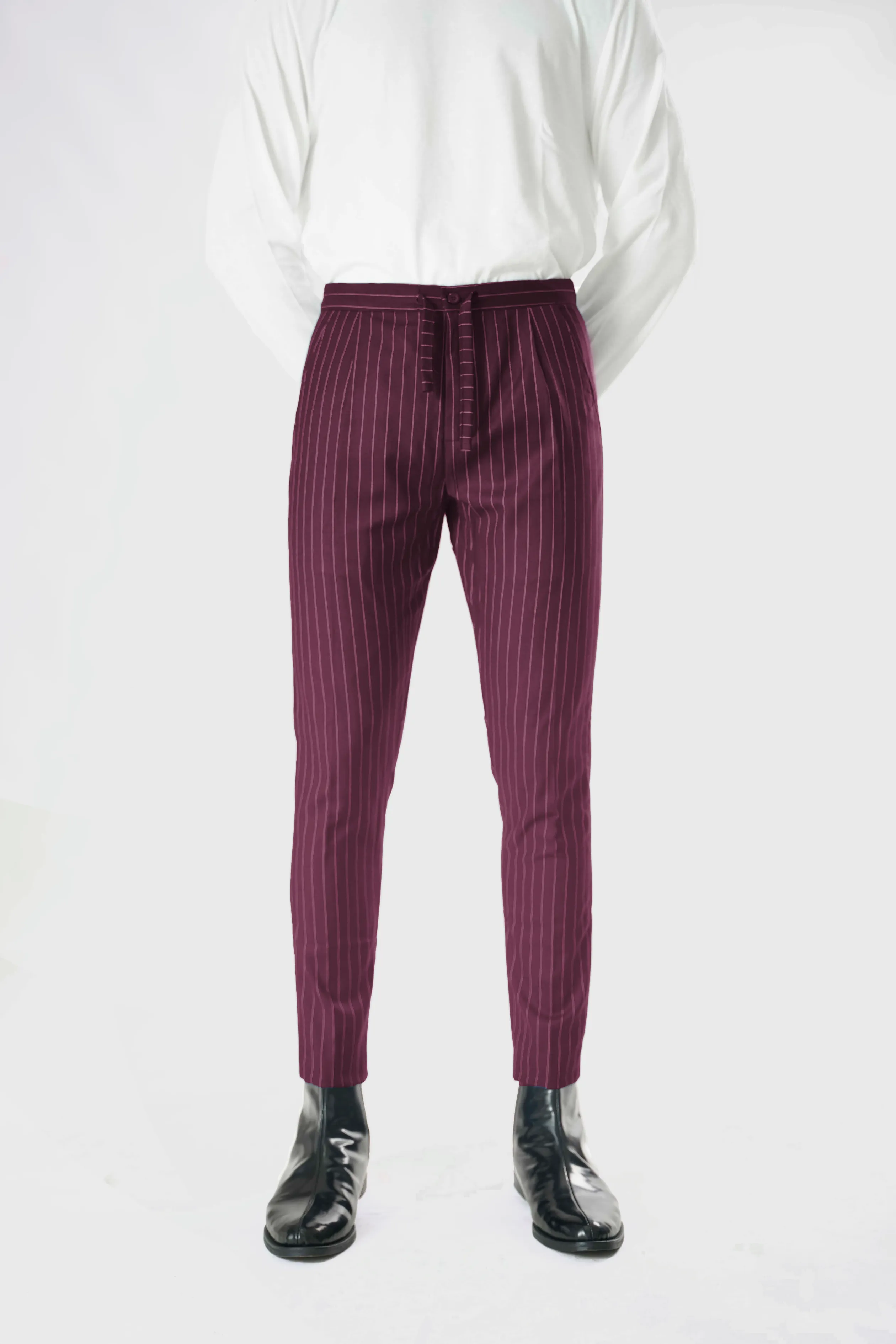 Standard Length Long Sleeve Wool Pants in Purple Pinstripe