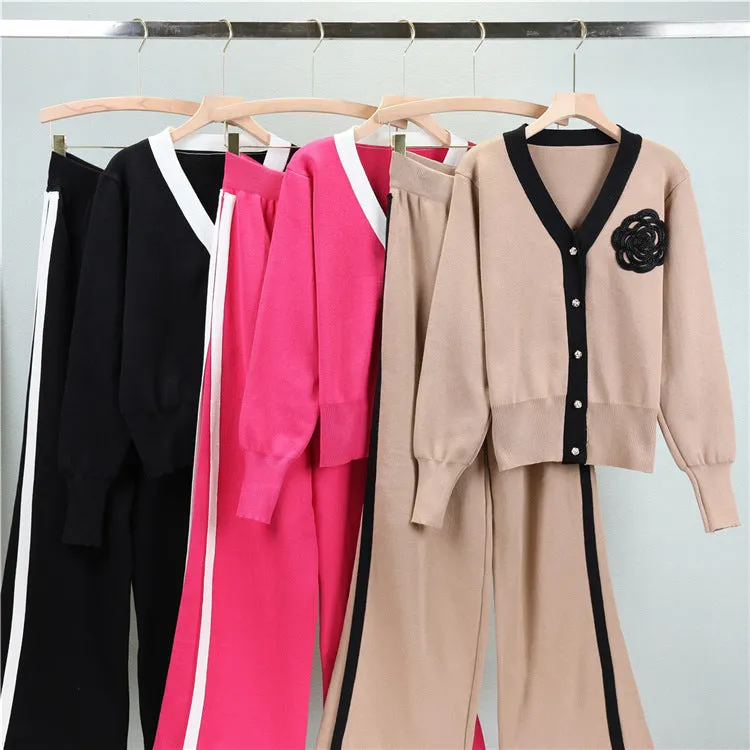 Sweaters Suit V-neck Long-sleeved Cardigan Loose Wide-leg Pants Two-piece Set