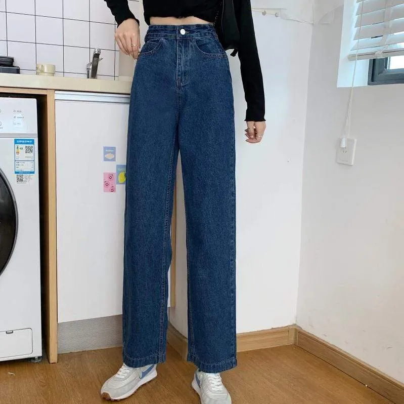 Women's Back Drawstring Straight-leg Denim Pants