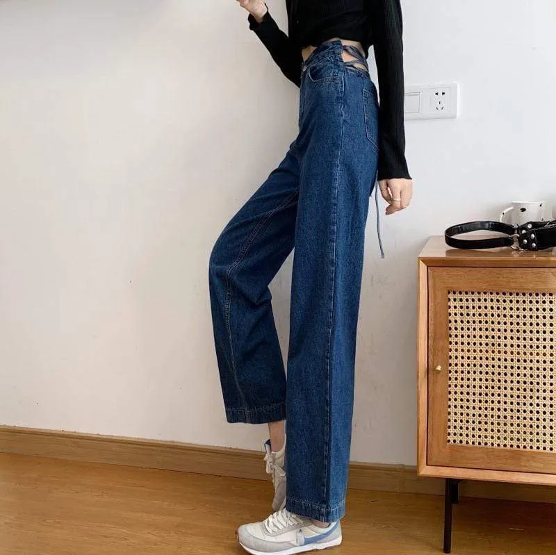 Women's Back Drawstring Straight-leg Denim Pants