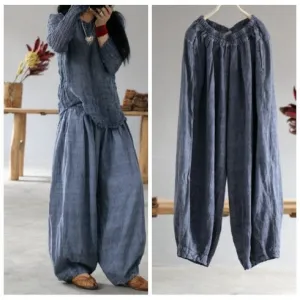 Womens Loose Fitting Minimalist Elegant Linen Pants With Pocket - Womans Casual Pants - Soft Loose Pants - Wide Leg Trousers - Elastic