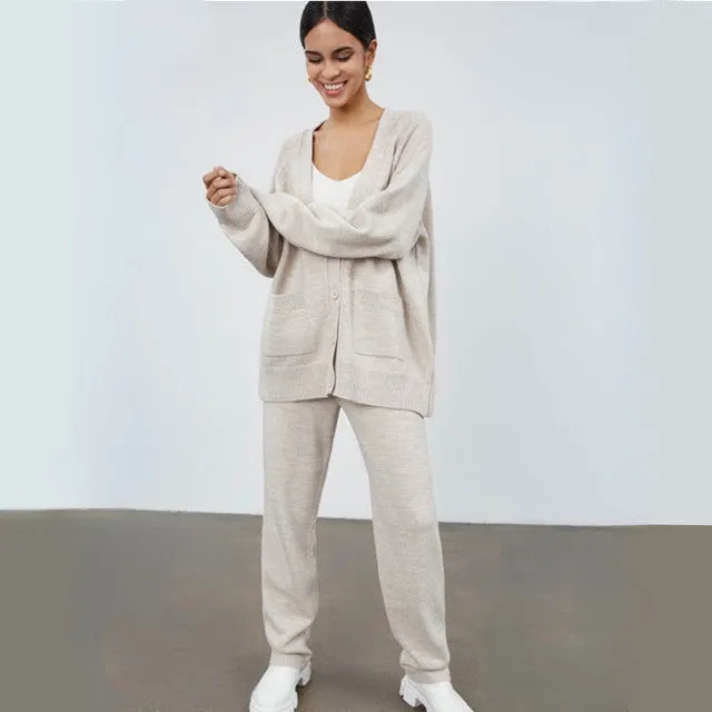 Women's Loose Wool Cardigan and Pants Outfit Set